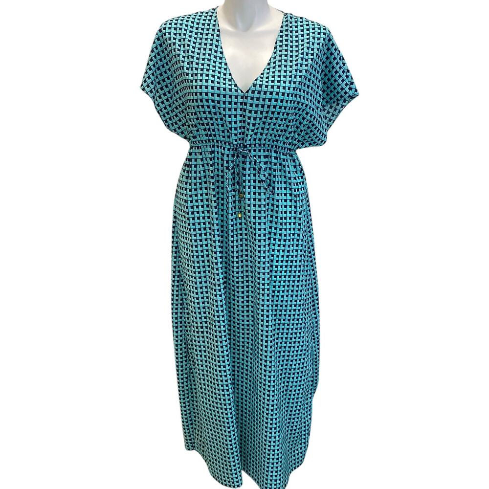 Michael Kors Navy & Aqua Geometric Print Dress, Size Large Elastic Tie Waist EUC - Picture 1 of 9